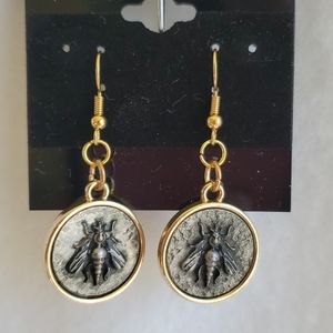 Womens Bee gold medallion hook earrings